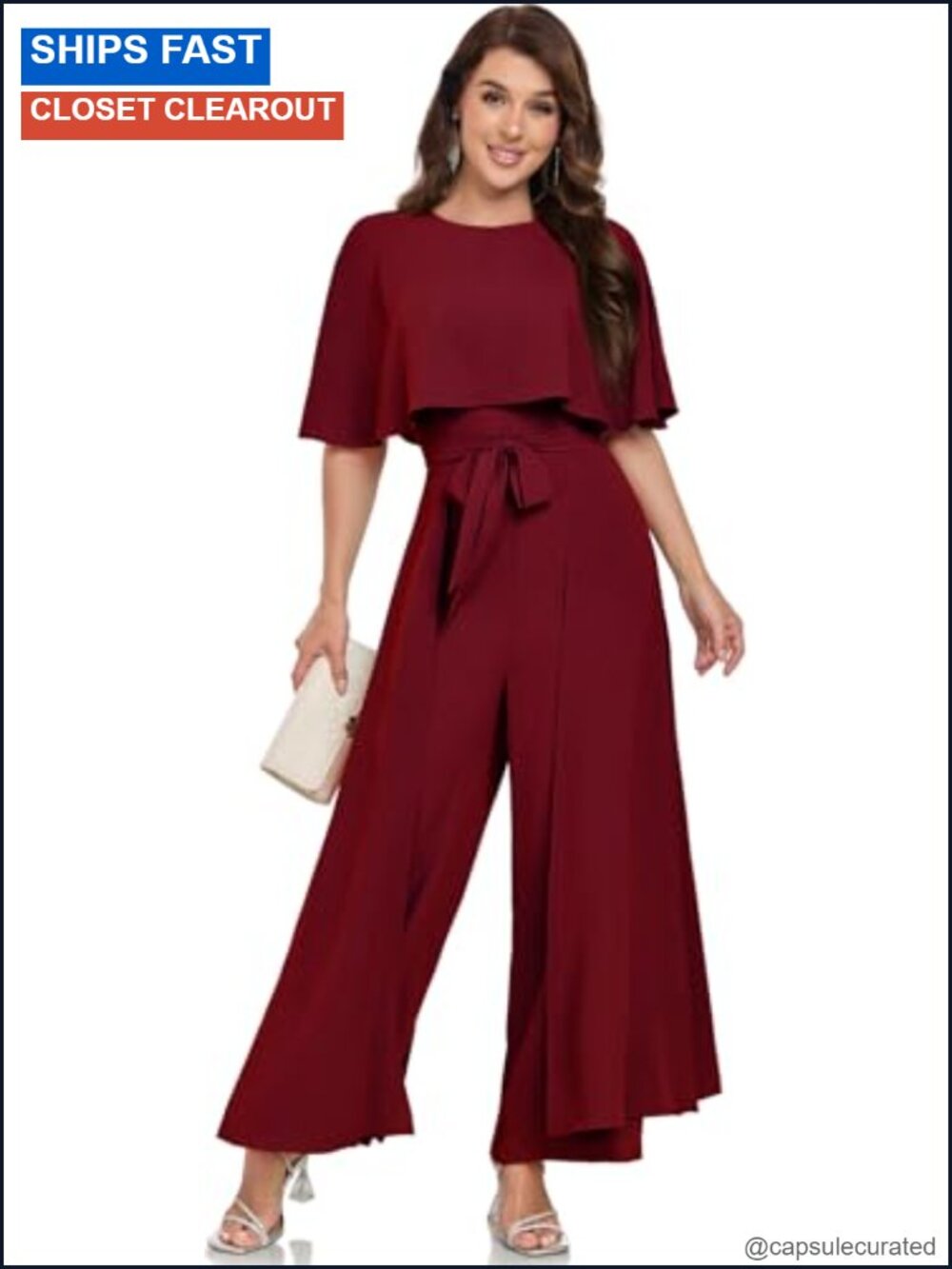 Womens Dressy Jumpsuit Cape Sleeve Belted Wide Leg Party Romper